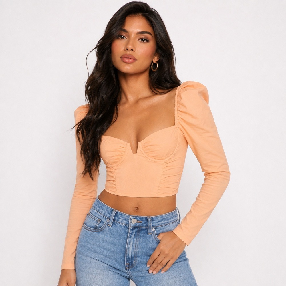 Oh Polly Peach Corset Crop Top Long Sleeve Puff Shoulder Underwire US 0 NWT